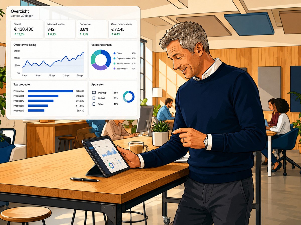 Man toont een dashboard met omzet- en conversiecijfers op een tablet in een kantoor