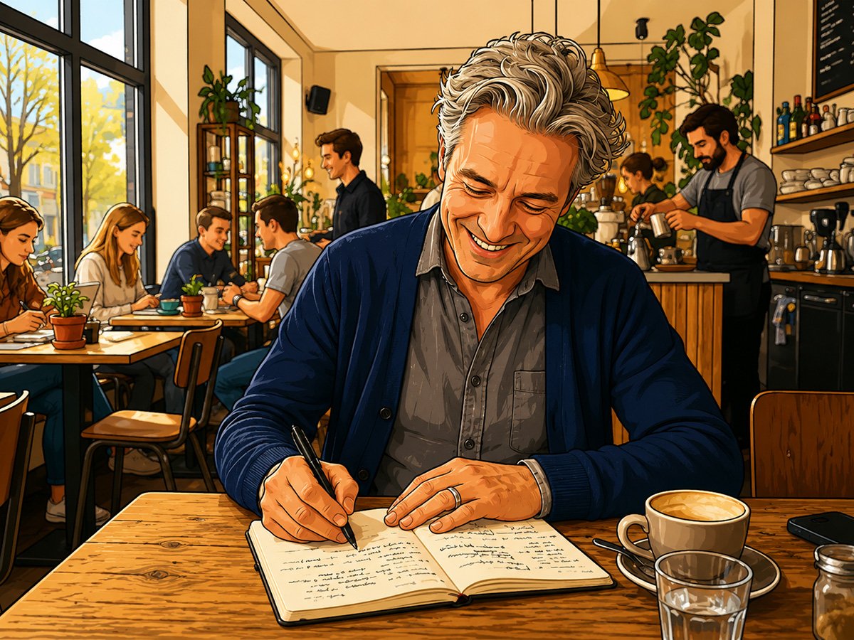 Man schrijft in een notitieboek aan een tafel in een druk koffiehuis