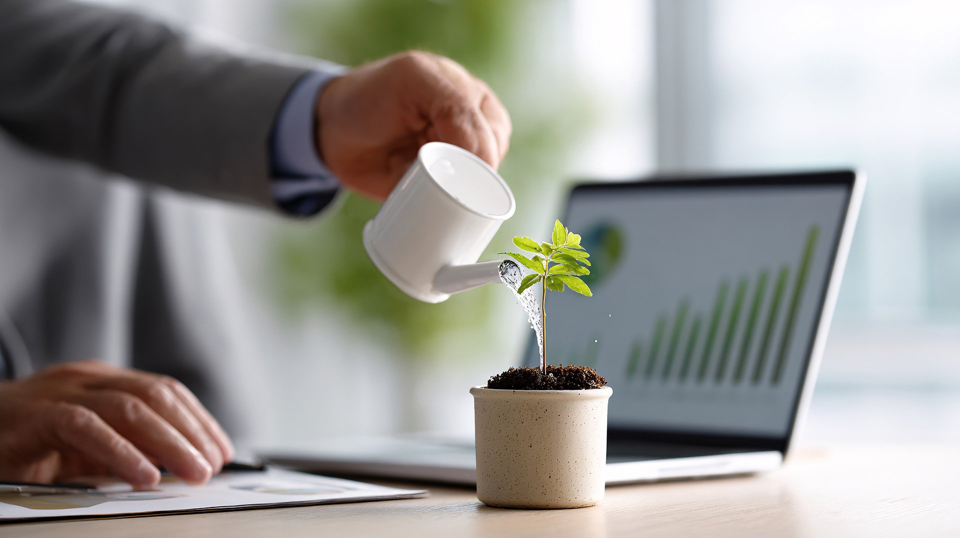 Ondernemer geeft een jong plantje water naast een laptop met een stijgende grafiek