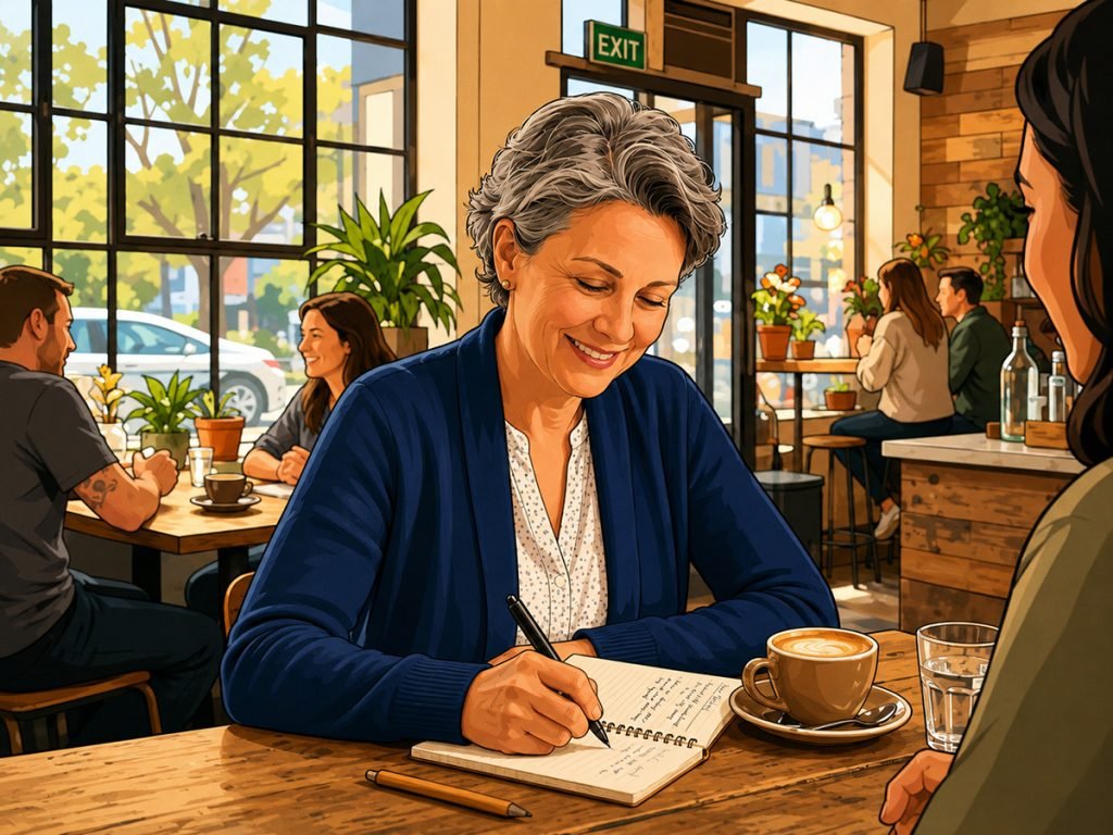 Vrouw schrijft aantekeningen in een notitieboek aan een cafetafel tijdens een gesprek