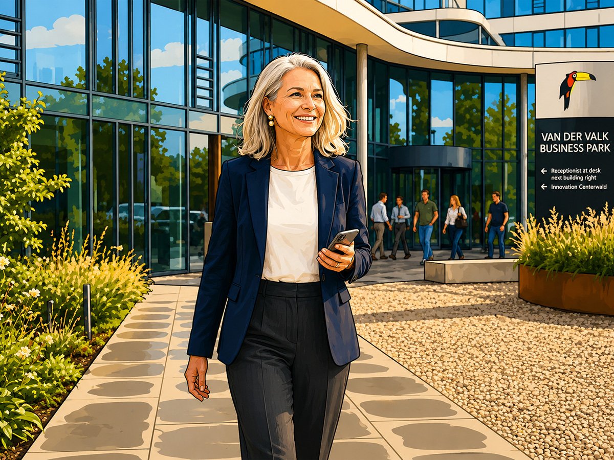 Vrouw loopt met een telefoon in de hand naar de ingang van een businesspark